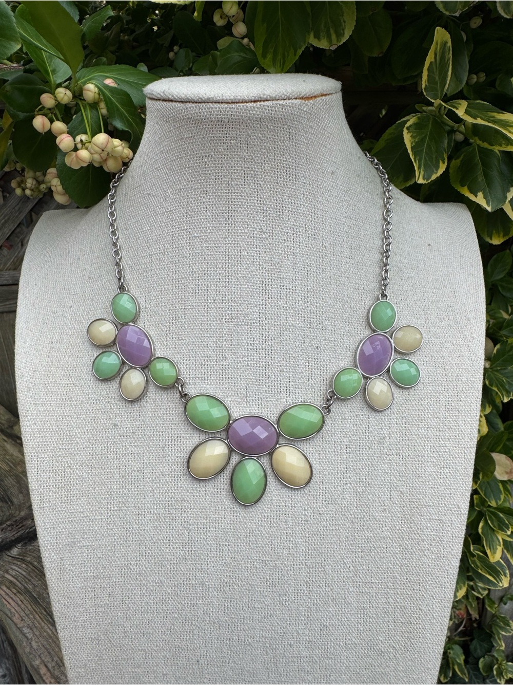 Charming Charlie Pastel Floral Statement Necklace — Lavender, Mint & Cream